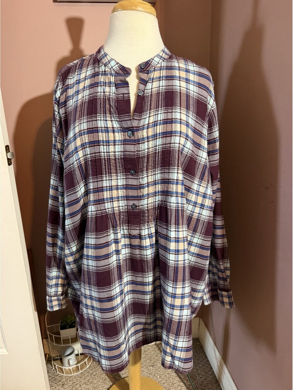 Lands End Flannel Popover Pintucked Shirt Womens 18 Blue 100% Cotton Top